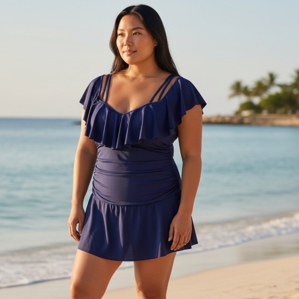 Cocopear Womens Navy Blue Ruffle Swim Dress One Piece Swimsuit Plus Size 4XL NEW